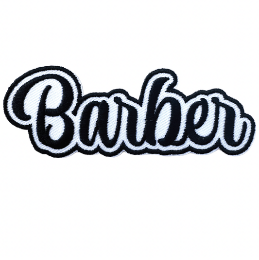 Cursive Barber Iron on Patch - Black